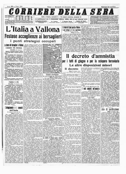 La prima pagina del Corriere della Sera del 30 dicembre 1914