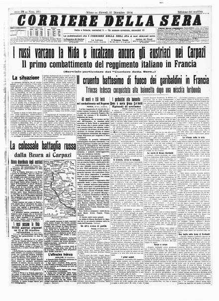 La prima pagina del Corriere della Sera del 31 dicembre 1914