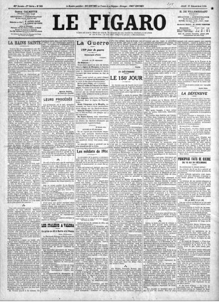 La prima pagina di Le Figaro del 31 dicembre 1914