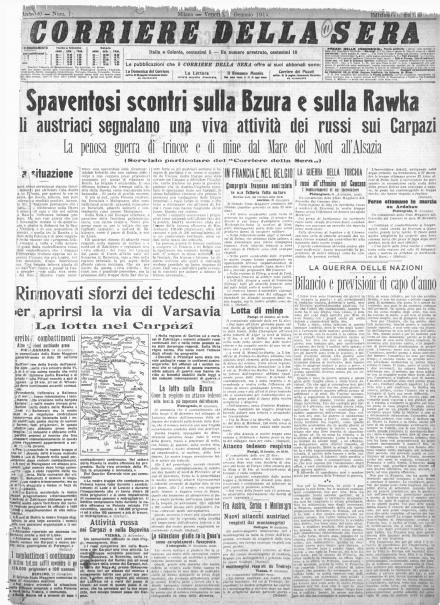 La prima pagina del Corriere della Sera dell'1 gennaio 1915