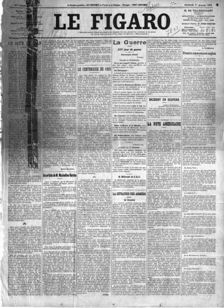 La prima pagina di Le Figaro dell'1 gennaio 1915 