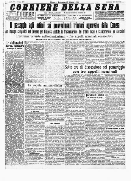 La prima pagina del Corriere della Sera del 28 giugno 1914