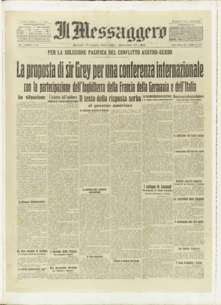 La prima pagina de Il Messaggero del 28 luglio 1914