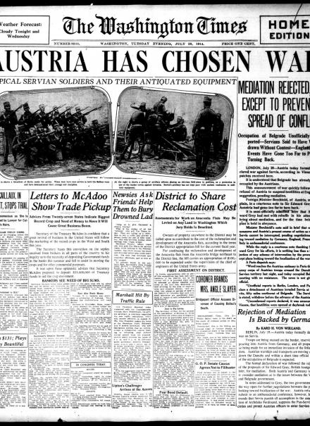 La prima pagina del Washington Times del 28 luglio 1914