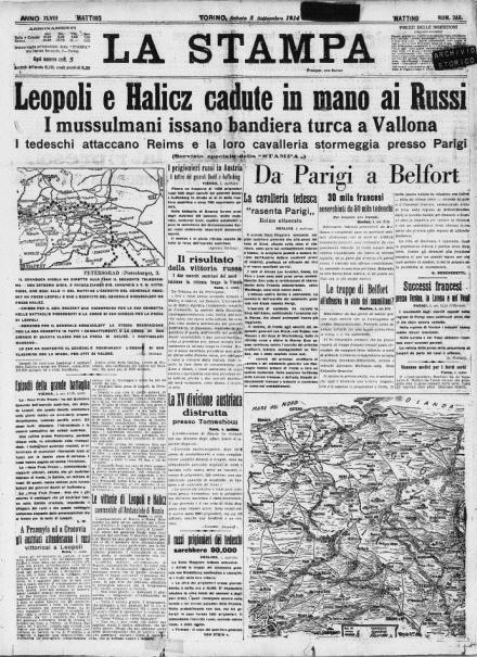La prima pagina de La Stampa del 5 settembre 1914