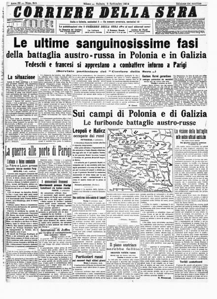 La prima pagina del Corriere della Sera del 5 settembre 1914