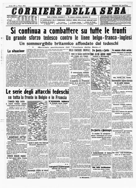 La prima pagina del Corriere della Sera del 21 ottobre 1914