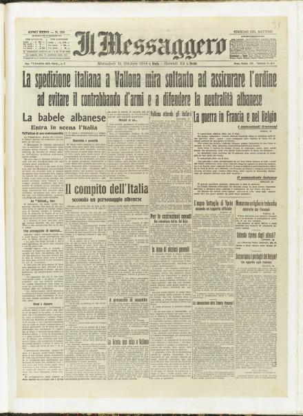 La prima pagina de Il Messaggero del 21 ottobre 1914