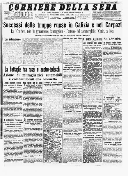 La prima pagina dell'edizione pomeridiana del Corriere della Sera del 26 dicembre 1914