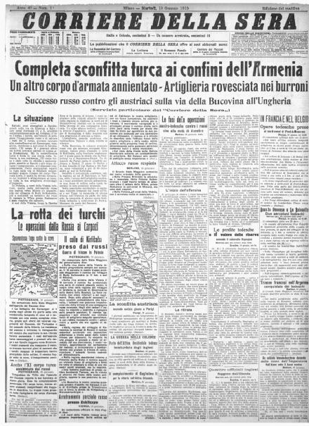 La prima pagina del Corriere della Sera del 19 gennaio 1915