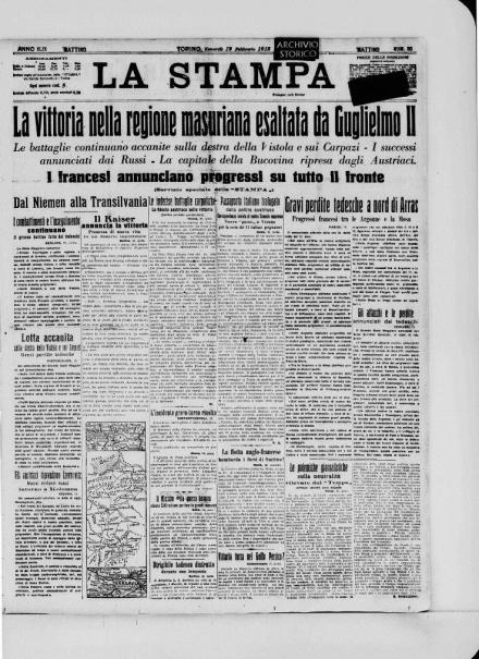 La prima pagina de La Stampa del 19 febbraio 1915