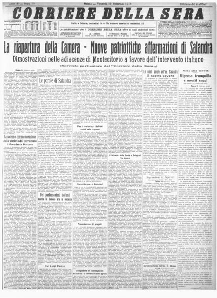 La prima pagina del Corriere della Sera del 19 febbraio 1915