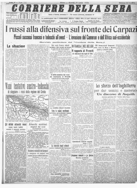 La prima pagina del Corriere della Sera del 22 aprile 1915