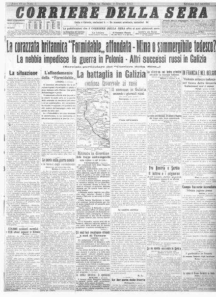 La prima pagina del Corriere della Sera del 2 gennaio 1915