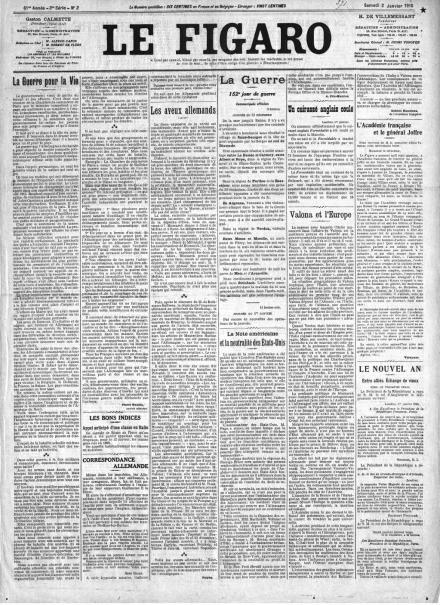 La prima pagina di Le Figaro del 2 gennaio 1915 