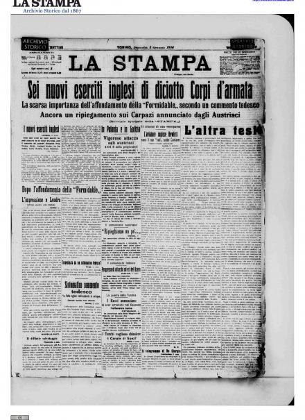 La prima pagina de La Stampa del 3 gennaio 1915
