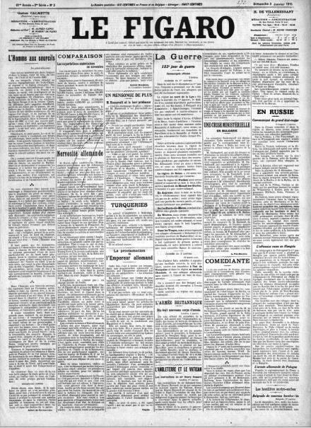 La prima pagina di Le Figaro del 3 gennaio 1915 