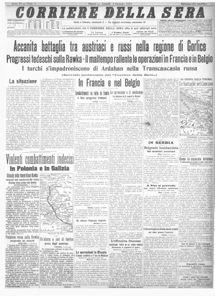 La prima pagina del Corriere della Sera del 4 gennaio 1915