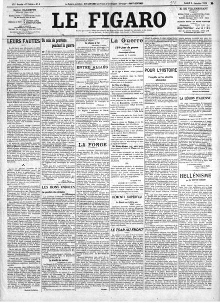 La prima pagina di Le Figaro del 4 gennaio 1915