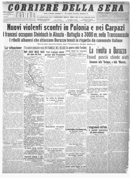 La prima pagina del Corriere della Sera del 5 gennaio 1915