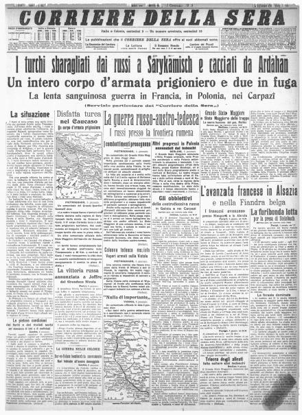 La prima pagina del Corriere della Sera del 6 gennaio 1915
