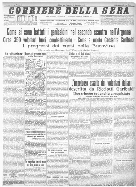 La prima pagina del Corriere della Sera dell'8 gennaio 1915