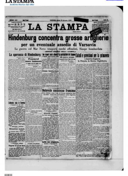 La prima pagina de La Stampa del 9 gennaio 1915