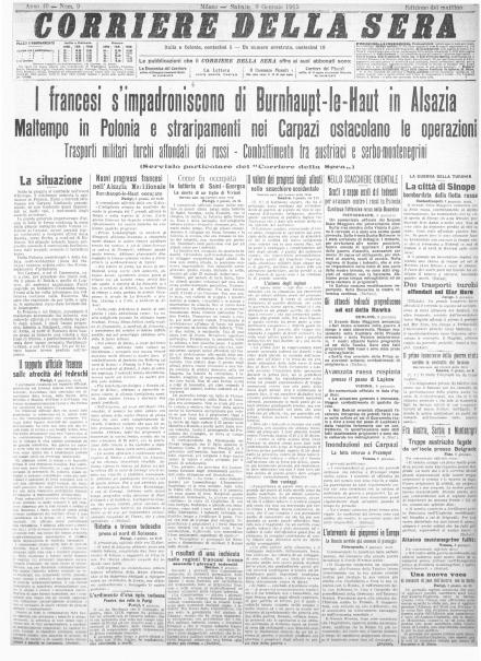 La prima pagina del Corriere della Sera del 9 gennaio 1915