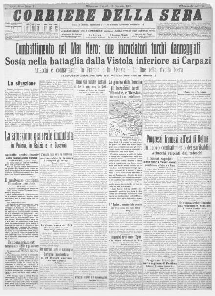La prima pagina del Corriere della Sera dell'11 gennaio 1915