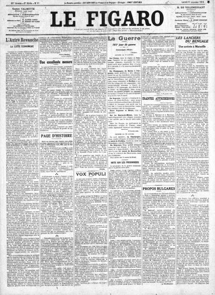 La prima pagina di Le Figaro dell'11 gennaio 1915