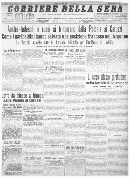 La prima pagina del Corriere della Sera del 12 gennaio 1915