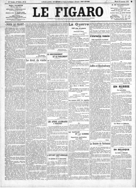 La prima pagina di Le Figaro del 12 gennaio 1915