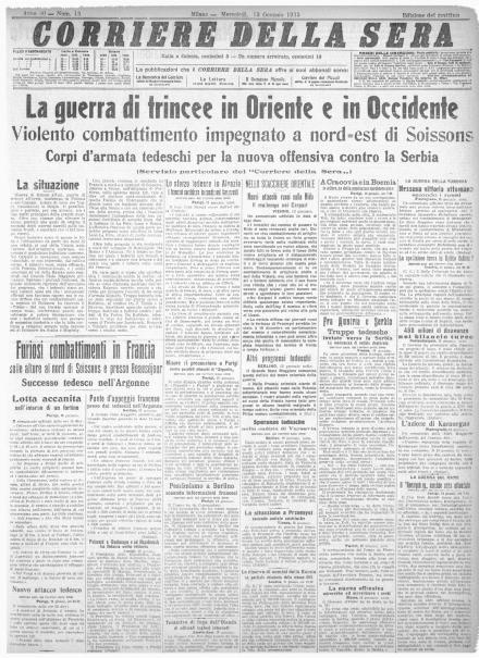 La prima pagina del Corriere della Sera del 13 gennaio 1915