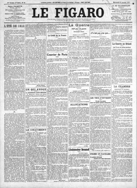 La prima pagina di Le Figaro del 13 gennaio 1915