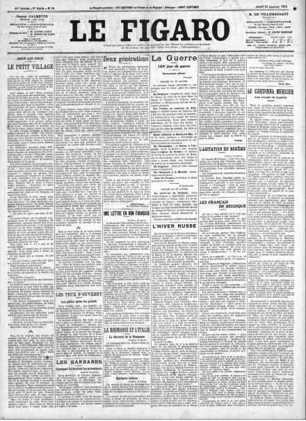 La prima pagina di Le Figaro del 14 gennaio 1915