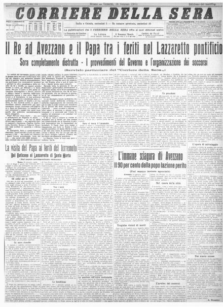 La prima pagina de Il Corriere della Sera del 15 gennaio 1915