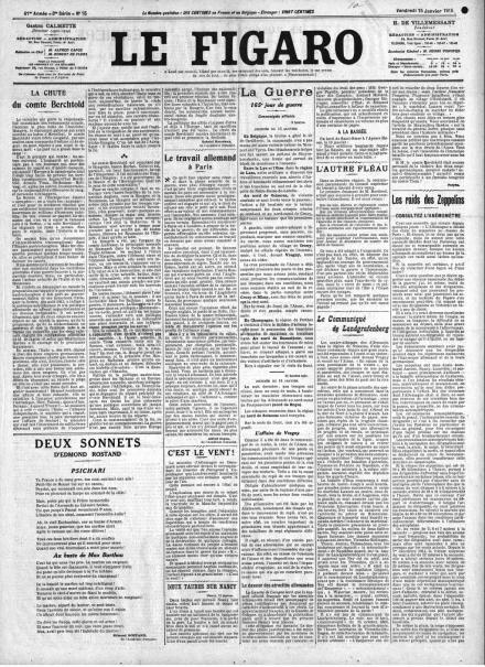 La prima pagina di Le Figaro del 15 gennaio 1915