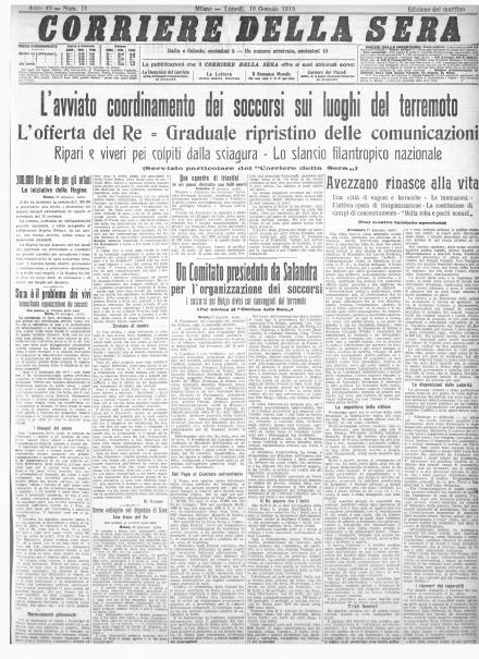 La prima pagina de Il Corriere della Sera del 18 gennaio 1915