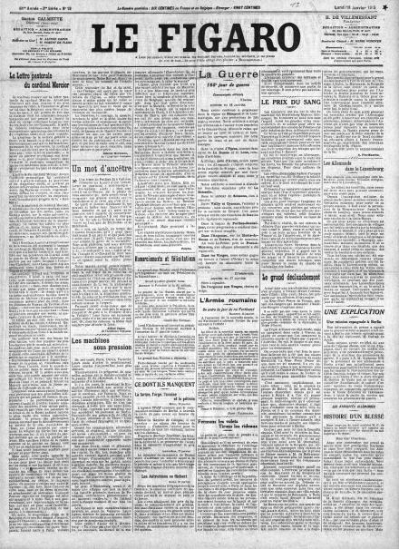 La prima pagina di Le Figaro del 18 gennaio 1915