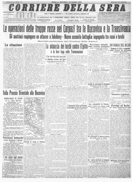 La prima pagina del Corriere della Sera del 20 gennaio 1915