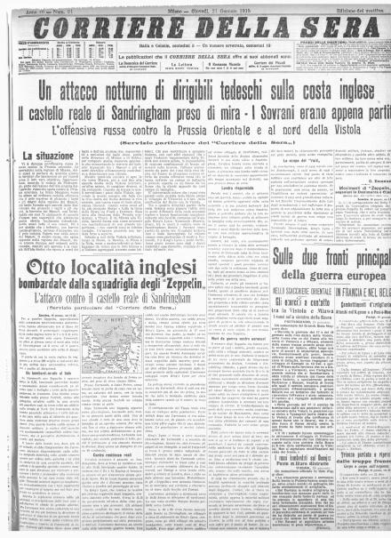 La prima pagina del Corriere della Sera del 21 gennaio 1915