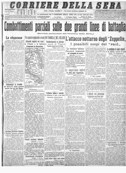 La prima pagina del Corriere della Sera del 22 gennaio 1915