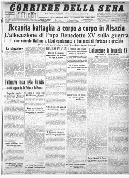 La prima pagina del Corriere della Sera del 23 gennaio 1915