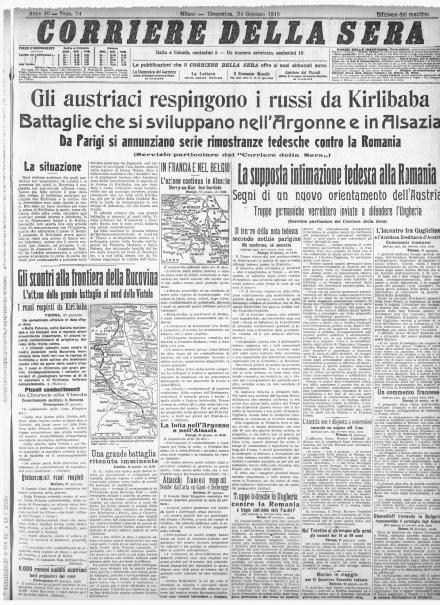 La prima pagina del Corriere della Sera del 24 gennaio 1915