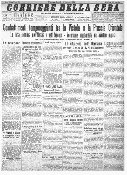 La prima pagina del Corriere della Sera del 25 gennaio 1915