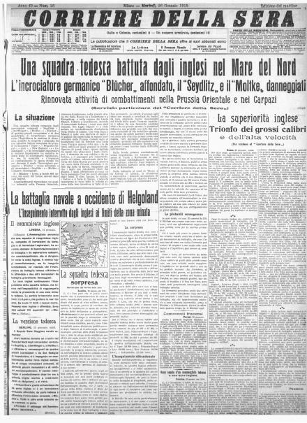 La prima pagina del Corriere della Sera del 26 gennaio 1915