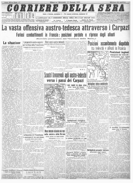 La prima pagina del Corriere della sera del 27 gennaio 1915