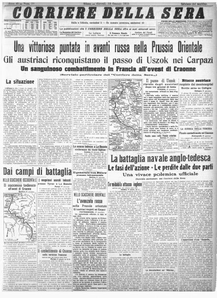 La prima pagina del Corriere della Sera del 28 gennaio 1915