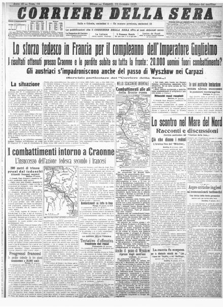 La prima pagina del Corriere della Sera del 29 gennaio 1915