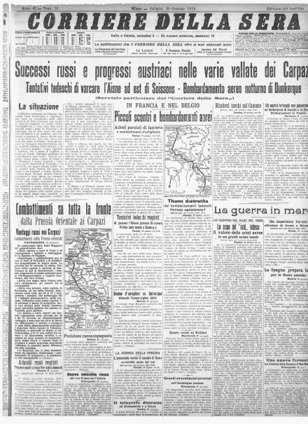 La prima pagina del Corriere della Sera del 30 gennaio 1915